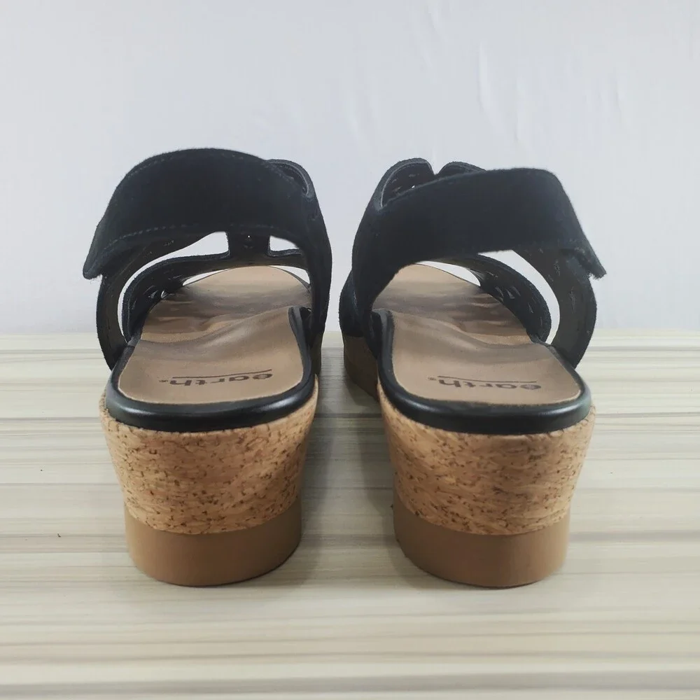 Earth Buran Rosa 8.5 Black Kid Suede Wedge Sandal T Strap Ankle Cork Cut Out